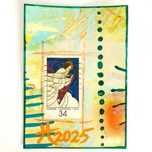 ACEO Original Acrylic Mixed Media Art 1986 Canada Christmas Postage Stamp ATC